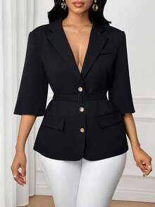 SHEIN Lady Women's Fashionable Elegant Single-Breasted Thin Blazer - Black - View 7