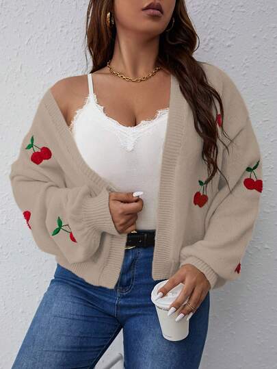 Vionelle Cardigan casual con maniche a lanterna, scollo a spalle scoperte, ricamo di ciliegie nere, taglie comode, autunno/inverno