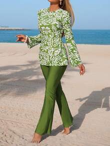Swim Mulvari 女式新款植物印花夏季两件套连衣裙，高领，长袖，褶皱喇叭袖，紧身胸衣，中等长度泳衣，海滩度假 - 綠色 - 查看 2