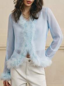 Cévolie 女士优雅羽毛装饰透明网眼衬衫（浅蓝色） - 淺藍色 - 查看 3