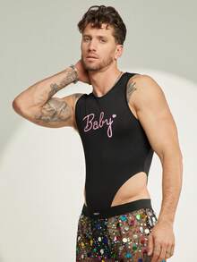 FeverCity Men's Sleeveless Crew Neck Printed Bodysuit - Black - View 4