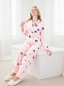 Girls Pink Butterfly Print Pajamas Set,Casual 2 Pieces Outfit,Autumn Winter Lounge Clothings,Tween Pullover For Spring,Best Christmas Gift For Family - Multicolor - View 4