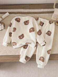 秋季小男孩休闲熊印花圆领运动衫和慢跑裤套装 - 杏色 - 查看 2