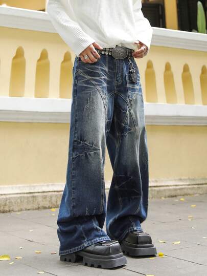 Street Life Jeans vintage délavé à jambe large pour hommes