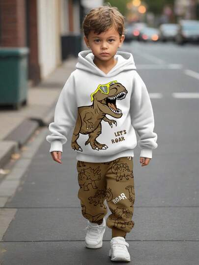 年轻男孩休闲宽松舒适卡通动物可爱恐龙运动风涂鸦宽松长袖连帽衫两件套，适合秋冬