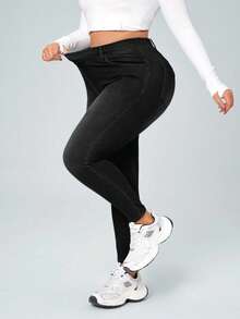 SHEIN CURVE+ 冬季加大码女式牛仔弹力性感休闲紧身牛仔裤，女士牛仔竞技风格 - 黑色 - 查看 5