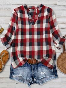 SHEIN Multi-Color Plaid V-Neck Long Sleeve Shirt, Versatile Commuter & Streetwear, Plus Size, Spring/Autumn - Multicolor - View 1