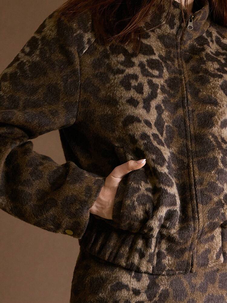 LEOPARD PRINT STAND COLLAR OVERSIZED JACKET, AUTUMN/WINTER