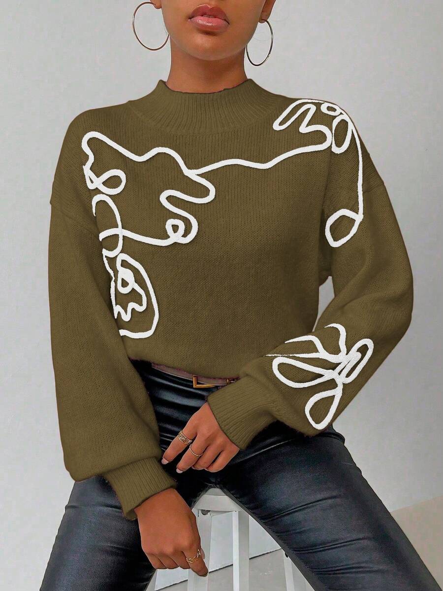 SHEIN LUNE Women's Contrast Color Pattern Turtleneck Long Sleeve Sweater - Dark Green - View 1