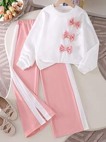 SHEIN Girls Autumn/Winter Casual White Long Sleeve Sweatshirt With Pink 3D Bow + Pink & White Contrast Color Pants Set, Sweet & Cute, Comfortable - Multicolor - View 5