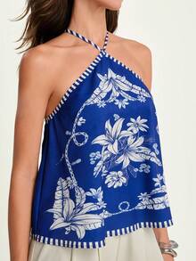 CAJUNI Women's Elegant Vacation Floral Print Backless Halter Neck Casual Vacation Top Women's Tank Top - Multicolor - View 4