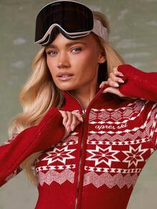 Athîral Autumn/Winter Long-Sleeved Women's Snowflake Pattern Zipper Slim Fit Jumpsuit, Fair Isle Pattern Stand Collar Slim Fit Outdoor Ski Bodysuit, Autumn/Winter Christmas, Snow Lady Outfit, Holiday Women's Clothing, Travel Women's Clothing, Cute Sweater, New Year Women's Clothing, Red Sweater - Red - View 2