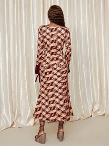 Eryvara 女士优雅时尚简约百搭通勤修身菱形格子撞色袖口蝴蝶结两件套，秋冬 - 彩色 - 查看 3