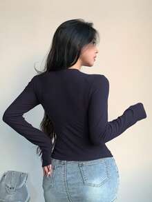 DAZY Cardigan simple à demi-boutons en couleur unie, manches longues, ajusté, pour femmes. Idéal pour le travail et les sorties quotidiennes. Printemps/Automne - Bleu marine - Voir 5