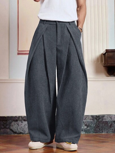 SWAVVY Pantalones holgados de pana con bolsillos, cintura plisada y presillas para cinturón, unicolor para hombres