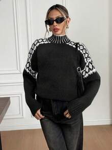 Serisse Women's Casual Colorblock Stand Collar Sweater, Autumn/Winter Black,Black Sweater,Fall,Fall Clothes For Women - Black - View 3