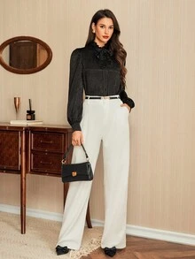 Vintamour 复古优雅女士衬衫，荷叶边领口、蝴蝶结袖口和褶皱细节设计，长袖休闲工作衬衫，适合秋季、返校季和冬季穿着。 - 黑色 - 查看 5