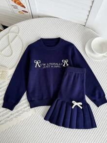 SHEIN Young Girl Slogan & Bow Decor Long Sleeve Sweater And Knit Mini Skirt Casual Set, Autumn/Winter - Blue - View 6