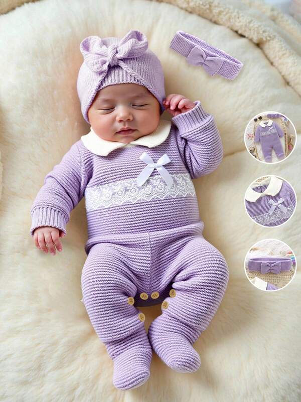 SHEIN 2pcs/Set Newborn Purple Sweater Romper With Peter Pan Collar, 3D Bow Trim + Cute Headband, Baby Outfit Baby Clothes Fall Sweater Knit Baby Girl Clothes Baby Girl Winter Sweaters Baby Knitted Sweater Baby Girl Knitted Outfits Baby Knit Jumpsuit Baby Overalls Neutral Baby Clothes Baby Knit Jumpsuit Baby Sweater Romper Newborn Knitted Romper Baby Knit Jumpsuit Natural Baby Clothes New Born Neutral Baby Clothes Unisex Baby Sweater Romper Baby Casual Romper Warm Baby Clothes 0 To 3 Months Girl Winter