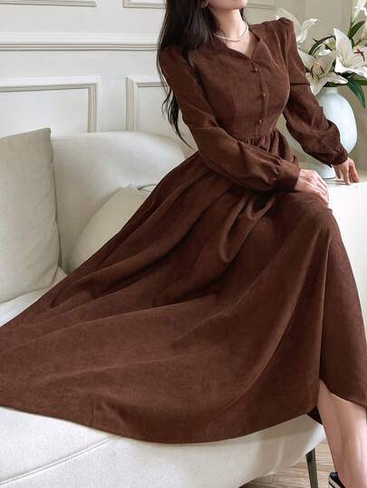 SHEIN Vestido longo vintage de veludo cotelê marrom com manga lanterna e botões, cintura evasê, elegante para adolescentes, outono/inverno