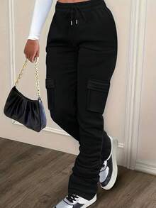 SHEIN 女式腰部系带休闲运动裤，带口袋 - 黑色 - 查看 4