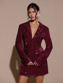 SHEIN BAE 女式纯色长袖束腰优雅连衣裙 - 酒紅色 - 查看 5