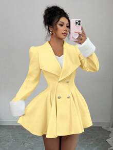 Selianne 女士貂皮翻领袖口腰部 A 字型优雅日常通勤厚羊毛大衣 - 黃色 - 查看 5