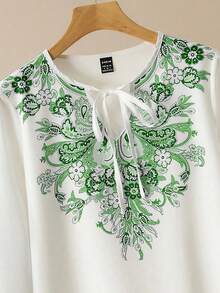 Lacomfia Áo sơ mi nữ tay dài cổ buộc họa tiết hoa thời trang và kín đáo, thích hợp cho kỳ nghỉ - màu xanh lá - Xem 6