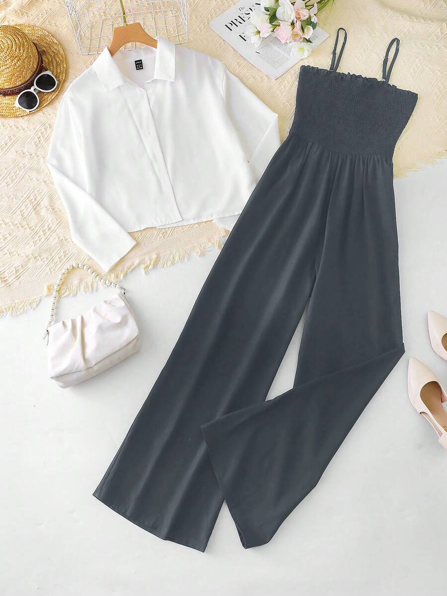 Franclia 女式休闲白衬衫和黑色连体裤两件套 - 深灰色 - 查看 1