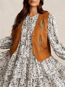 Nubod 大码女式无袖秋冬夹克，西部牛仔风格绒面革羊毛休闲外套，百搭大码背心 - 棕色 - 查看 4