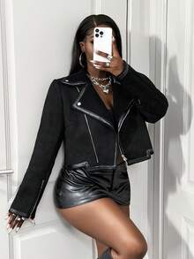 SHEIN BamGlam Women's Motorcycle Composite Thermal Lined Long Sleeve Jacket - Black - View 6