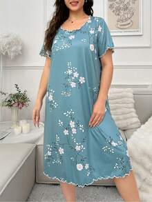 Plus Size Flower Printed Short Sleeve Sleep Dress Pajama Dress, Moo Moo