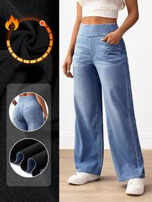 SHEIN Tall Quần jean ống rộng cạp cao, dáng rộng, thường ngày cho nữ - Màu xanh lam - Xem 9