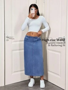 SHEIN Unity Damen Denim Rock mit elastischem Bund, Taschen und Schlitz, minimalistisch, vielseitig und lässig - Blau - Übersicht 5