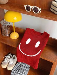SHEIN 1 件柔软、舒适、可爱的笑脸针织圆领套头衫，长袖运动衫，适合日常穿着、郊游、学校、聚会、节日、圣诞节、新年、春夏秋冬