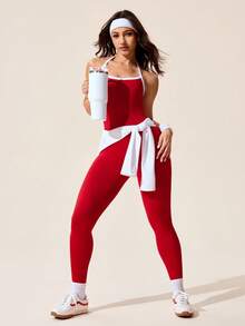 Gameset SHEIN Sport 2025 Sexy rückenfrei Damen Träger-Top Elastisch Spaghetti-Träger Sommer Sportbekleidung & Lässig Urlaubsoutfit - Rot - Übersicht 6