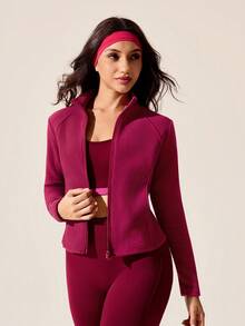 Dewbera Áo khoác thể thao cổ đứng màu trơn thường ngày, Thu/Đông - Màu Đỏ Sâu - Xem 2