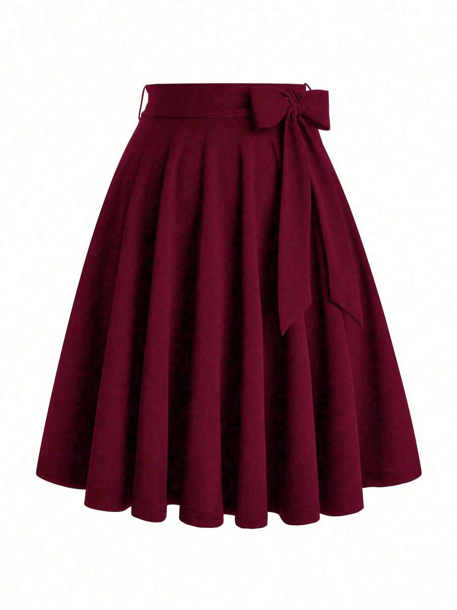 SHEIN Clasi 大码女式休闲纯色蝴蝶结A字裙 - 酒紅色 - 查看 1