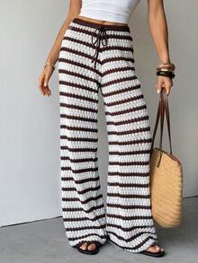SHEIN Tall Striped Pattern Knotted Casual Versatile Wide Leg Knit Pants - Brown - View 6