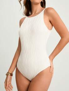CAJUNI Solid Textured Sleeveless Criss-Cross Backless Slip Bodysuit, Beige Swimsuit, Modest One Piece Swimsuit, Cream One Piece Swimsuit, Ribbed One Piece Swimsuit, Textured Swimsuit, Summer Bodysuit - White - View 5