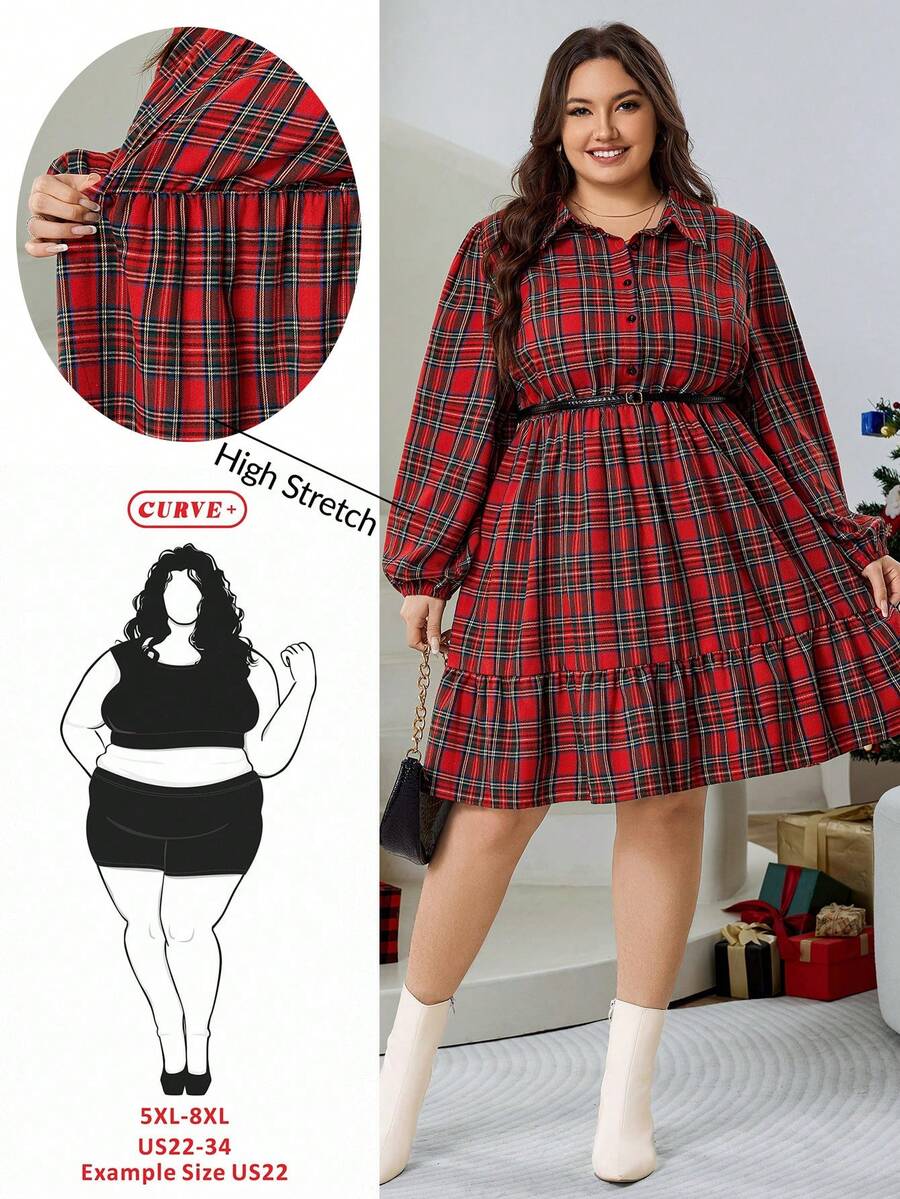 SHEIN CURVE+ Plus Size Plaid Shirt Dress, Red Christmas Holiday A-Line Loose Skirt Plus Size Christmas Red Plaid Dress Plus Size - Red - View 1
