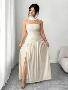 Váy dài Elenzga thanh lịch, vải bóng mới, dáng rộng, không dây, xếp ly eo, xẻ tà, thích hợp cho đám cưới, tiệc tốt nghiệp, hẹn hò và kỳ nghỉ - Màu be - Xem 4