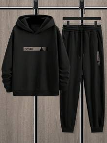 Manfinity Homme Bộ 2 quần nỉ và áo nỉ in khẩu hiệu tương lai và họa tiết đồ họa dành cho nam, thời trang thu/đông cho nam - màu đen - Xem 2