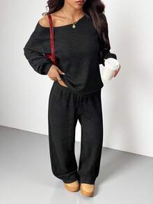 Muchica 女士纯色斜肩长袖上衣和裤子休闲套装 - 黑色 - 查看 3