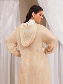 VOLUPTÉ CURVE Plus Size Women's Fall/Winter Champagne Gold Floor Length Cardigan Metallic Knit Sequin Fringe Hooded Drop Shoulder, Elegant Party Evening Cardigan - Gold - View 1