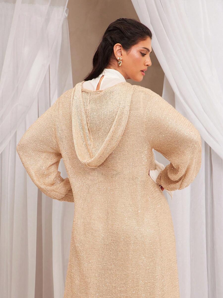 VOLUPTÉ CURVE Plus Size Women's Fall/Winter Champagne Gold Floor Length Cardigan Metallic Knit Sequin Fringe Hooded Drop Shoulder, Elegant Party Evening Cardigan - Gold - View 1