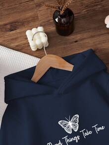 Sparklyn 青少年女孩字母与蝴蝶印花连帽长袖运动衫 - 藏蓝色 - 查看 4