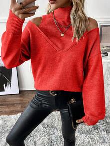 EMERY ROSE Casual Solid Color Off-Shoulder Stand Collar Sweater, Autumn/Winter - Red - View 7