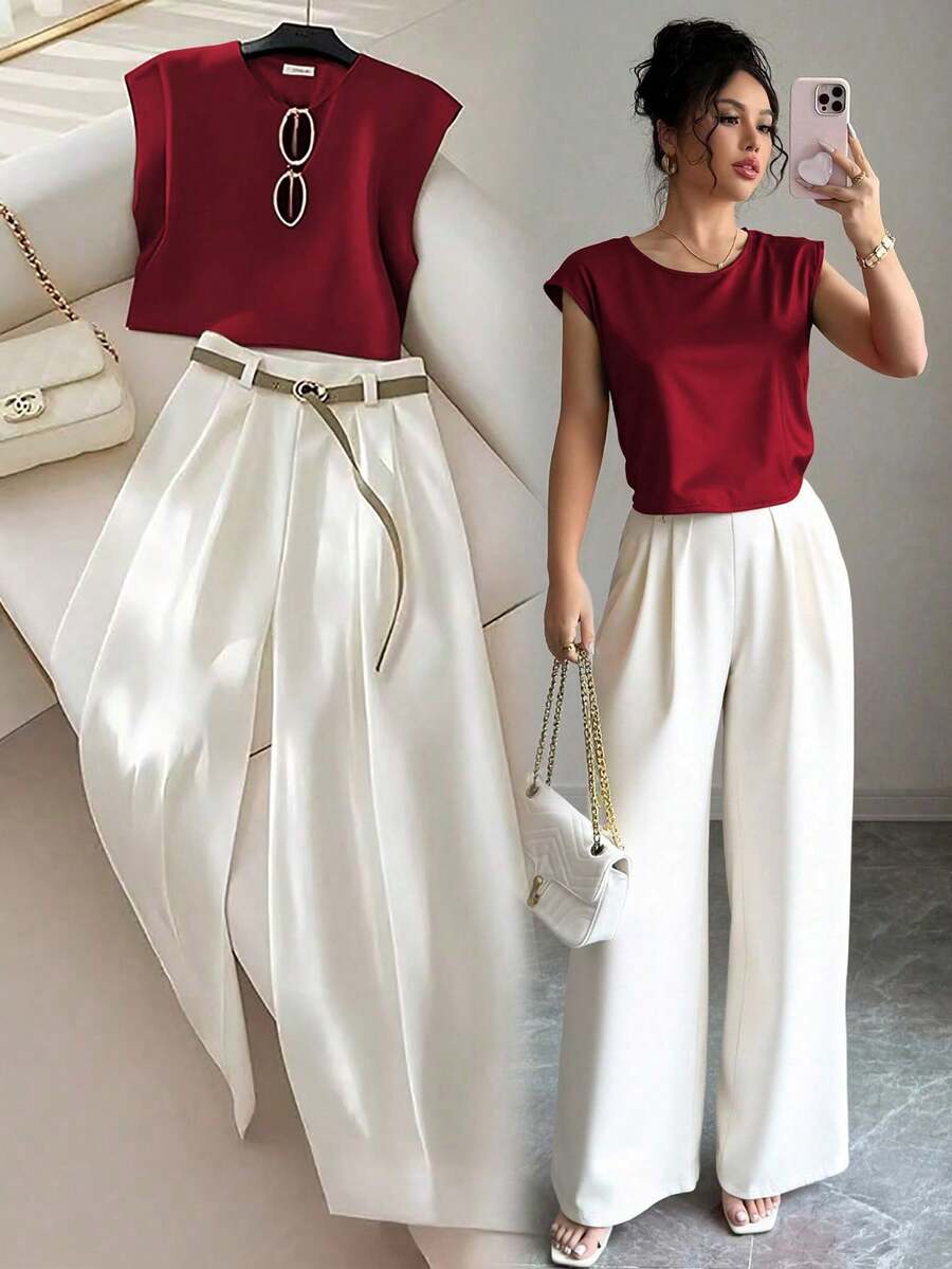 Franclia 女士优雅时尚圆领无袖宽松上衣和阔腿褶皱宽松裤两件套 - 彩色 - 查看 1