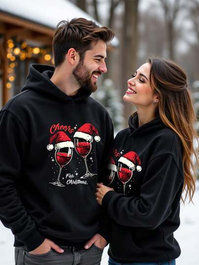 Manfinity Homme 男士圣诞酒杯图案抓绒连帽衫，适合家庭聚会、情侣约会、男友礼物，情侣款连帽衫，长袖上衣